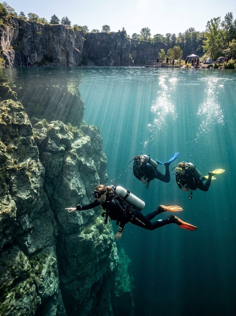 Scuba divers swimming underwater exploring freshwater quarry rock features and dive platforms at Fantasy Lake Adventure Park