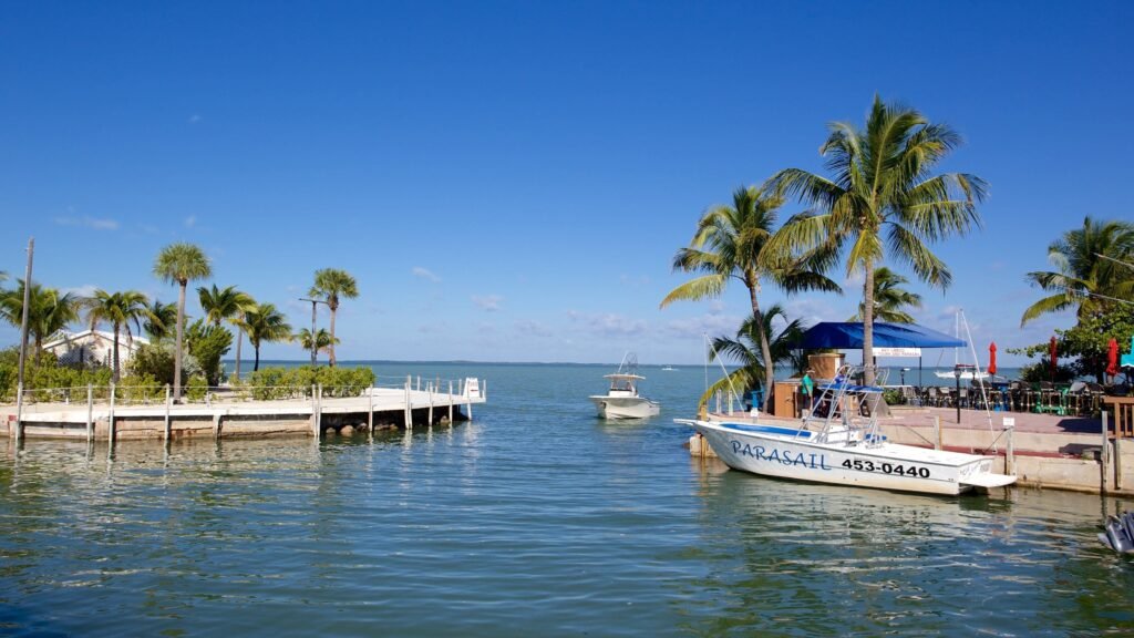 Aerial panorama of the Overseas Highway bridges crossing clear turquoise water in the Florida Keys
