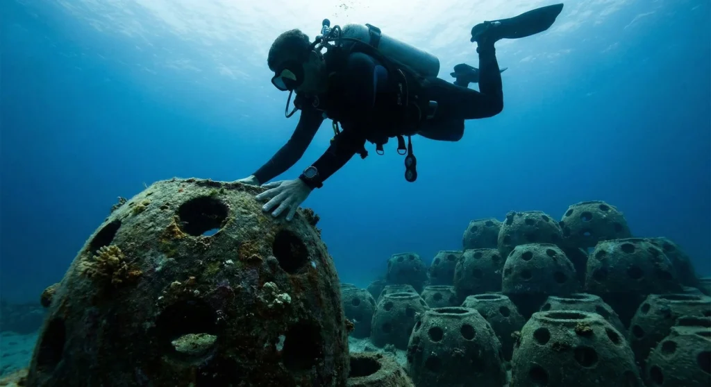 Submerged concrete memorial reef ball structure covered in growing marine life and providing artificial fish habitat